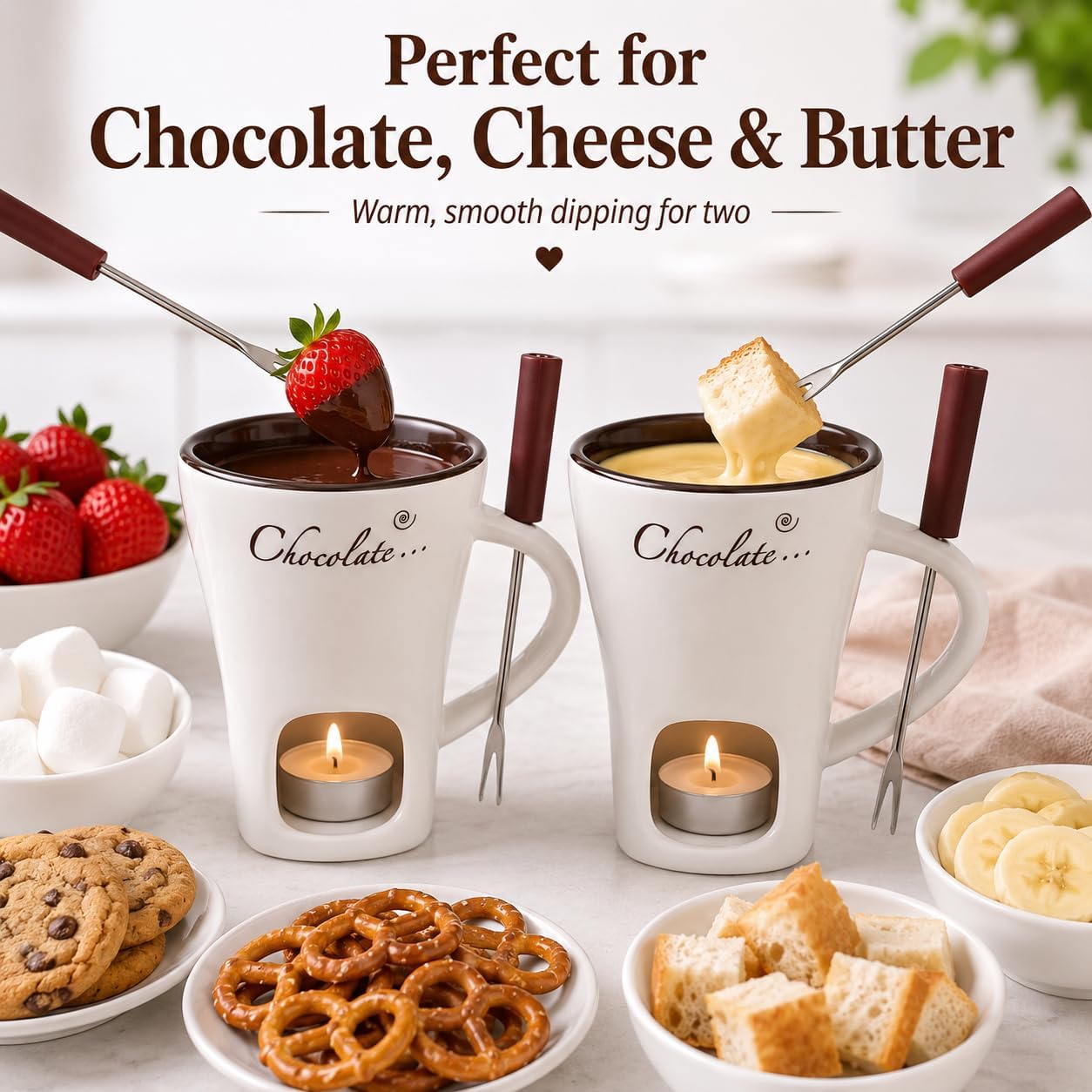 Fondue Pot Ceramic - 甘いセラミックフォンデュカップとフォーク付きチーズメルティングポットセット、チョコレートメルティングマグ用