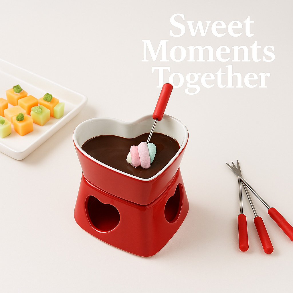 Fondue Pot Ceramic - 320ml セラミック製ハート型フォンデュポットセット（フォーク4本付き）- 白と赤のオプション - チョコレートやチーズのデザートに最適