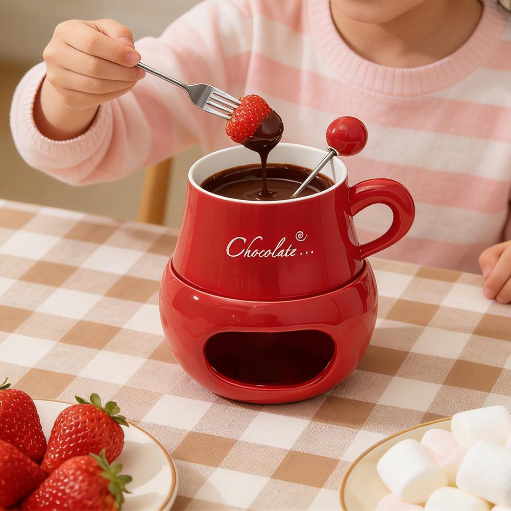 Fondue Pot Ceramic - チョコレートフォンデュカップセラミックフォーク付きティーライトチョコレート溶解カップミニフォンデュポットチーズバター加熱ストーブ用 P1G1