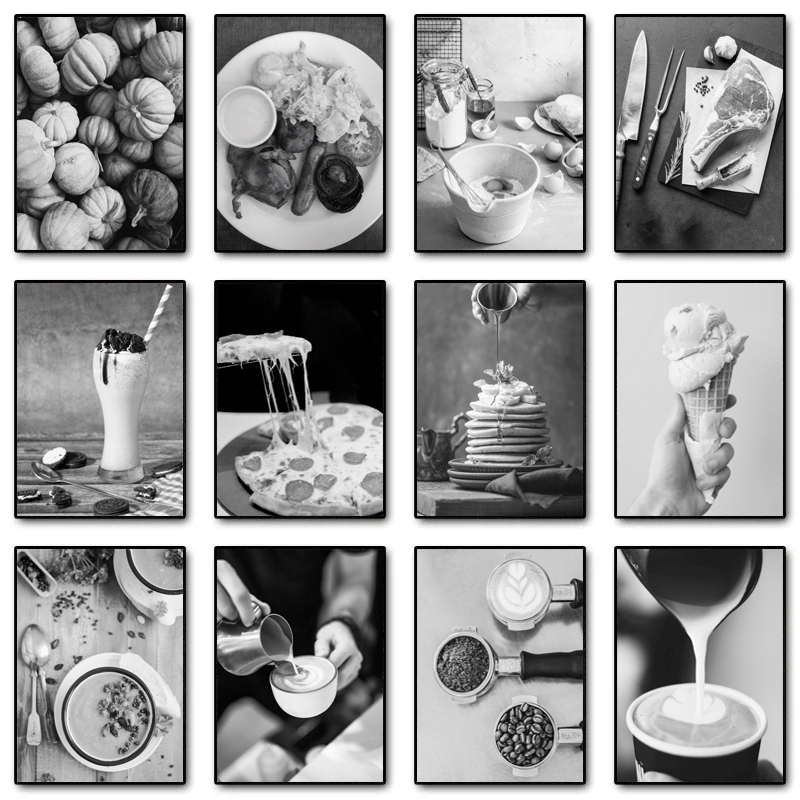 Home Cooking Cafe - 黒白キッチン食品調理コーヒー野菜ポスターキャンバス絵画壁アート写真ホームダイニングルームキッチンカフェデコ