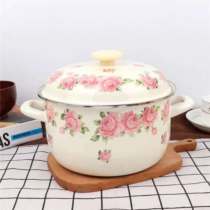 Fondue Pot Ceramic - ふた付きダブルギアエナメルプレート,エレガントなピンク,揚げ物,麺用のフォンデュホット鍋,16〜24cm