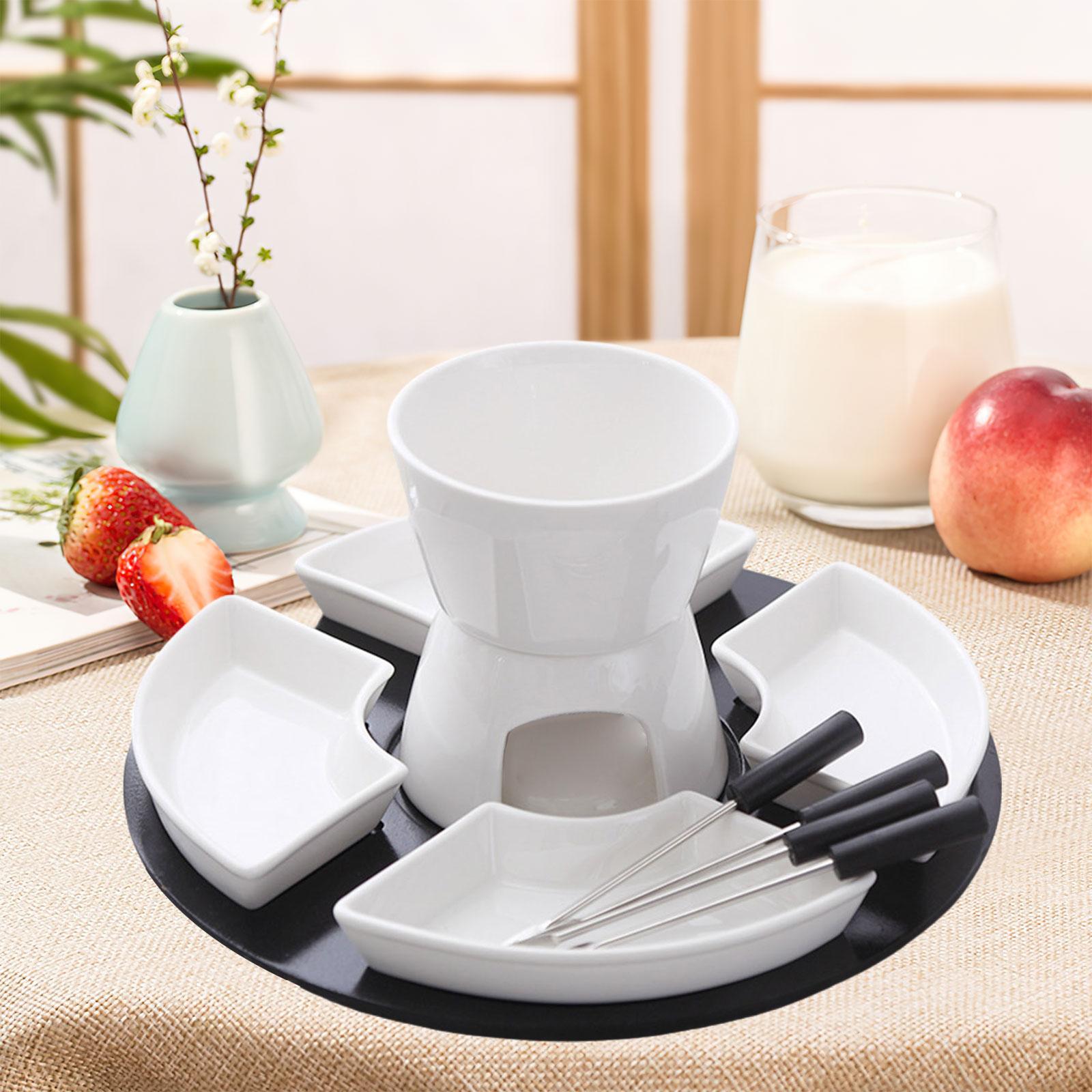 Fondue Pot Ceramic - 磁器製バターホルダー、セラミックフォンデュセット、チーズ、チョコレート、キャラメルスナック用フォーク付きホットポット