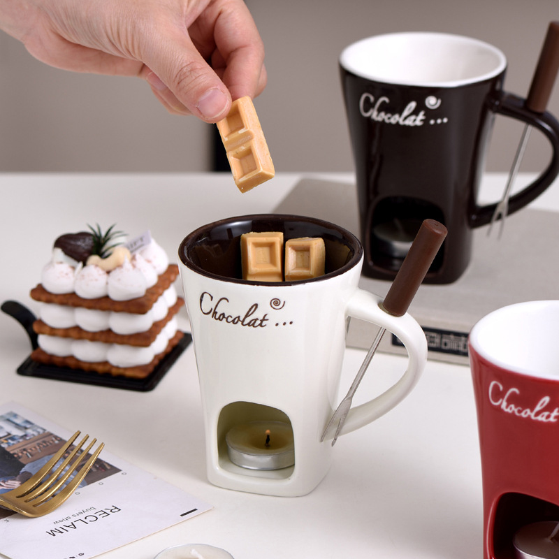 Fondue Pot Ceramic - フォーク付きのとろけるカップ,チョコレート用のとろけるカップ,チーズ,コーヒー用のバターヒーター,キャンディー,タパ,デザート,スナック,フォンデュマグ