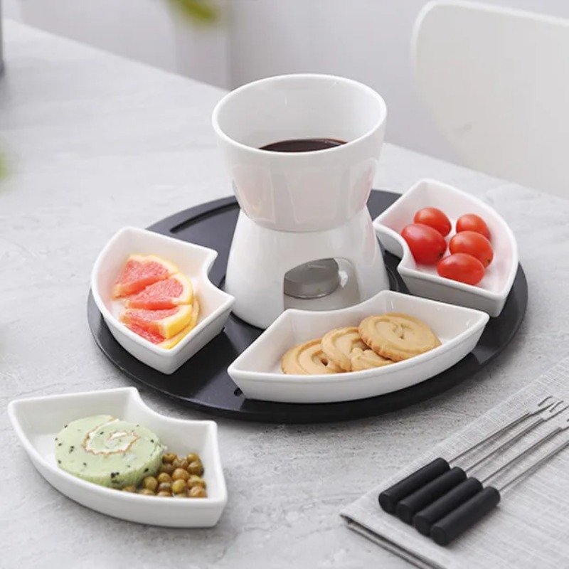 白い釉薬をかけたセラミック製チョコレートフォンデュポットセッ - Fondue Pot Ceramic のレビューと価格