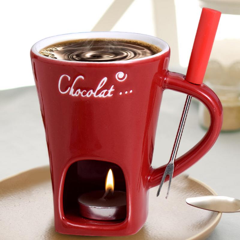 フォーク付きの赤いセラミックマグ,ホットポット,溶解カップ, - Fondue Pot Ceramic のレビューと価格